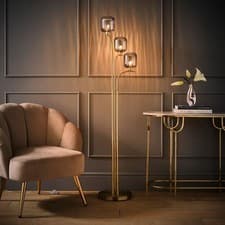 Image of Modern 3 Arm Gold Floor Lamp Ribbed Glass Lampshades Free Standing Lounge Light