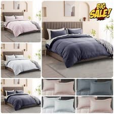Image of 100% Pure Cotton Waffle Duvet Cover Bedding Set Pillowcases Single Double King