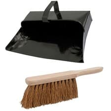 Image of Dustpan and Brush Set Black Hooded Metal Ash Dust Pan Soft or Stiff Hand Brush