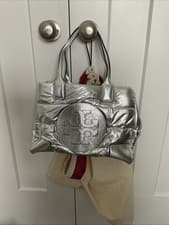 Image of Tory Burch Ella Tote Bag Large Logo Metallic Nylon Puffer NEW