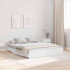 Image of Storage Bed Frame White 160x200cm Engineered Wood 4-Drawer King Size Low-Profile