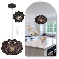 Image of Black Rattan Pendant Light 12.6 in Rattan Light Fixture Wicker Chandelier Wov...
