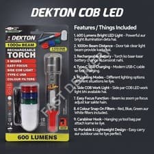 Image of DEKTON 600 LUMENS RECHARGEABLE COB TORCH MULTIFUNCTION FLASHLIGHT WITH COLOUR...