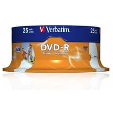 Image of Verbatim DVD-R Wide Inkjet Printable ID Branded 25 Pack Spindle 4.7GB 16X