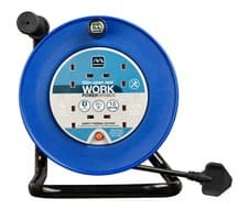 Image of Masterplug 25m Extension Lead Cable Reel 4 Gang Heavy Duty Sockets Blue 13A 240V