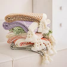 Image of Geometric Sofa Throw Blanket with Tassel Pom Fringe Decorative Cover