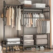 Image of Heavy Duty Double Clothes Rail Rack Garment Hanging Stand Open Wardrobe Shelf UK