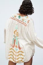 Image of Zara Oyster White Long Sleeves Printed Metallic Thread Blouse Size S RRP £49.99