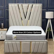 Image of Golden V Upholstered Bed Frame with Optional Ottoman Storage & Mattress