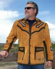 Image of Men's Traditional Native Cowboy Western Top Suede Leather Jacket Fringes & Beads