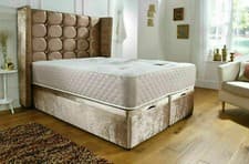 Image of Crushed Velvet Upholstered Cube Ottoman Storage Divan Bed Frame Wing Headboard