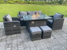 Image of Fimous Rattan Garden Furniture Gas Fire Pit Dining Table Heater Reclining Chairs
