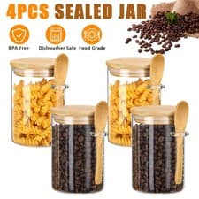 Image of Set of 4 clear Glass jars with Natural Bamboo lid Spoon Spice Tea Coffee Sugar