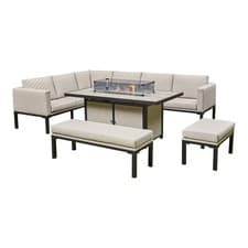 Image of Modern L-Shaped 9-Seater Aluminium Patio Set with Fire Pit Table in Beige