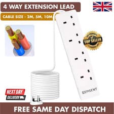 Image of 4 Gang Way UK Mains Plug Power Extension Lead Cable Electricity Cord  2  5 10 M
