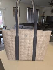 Image of Tommy Hilfiger Large Tote Bag Monogram Logo Cream Beige & Gray Leather New