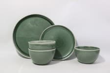 Image of 12pc Reactive Glaze Green Lipped Dinner Set