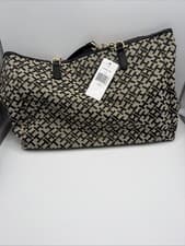 Image of Tommy Hilfiger Black and Beige Logo Tote Bag with Charm & Zip Accent