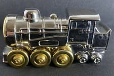 Image of Miniature Vintage Train, Quarts Clock, Platinum. Wheels Spin. 3” X 1.5” Inches.