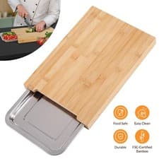 Image of Wooden Bamboo Chopping Cutting Slicing Board with Sliding Stainless Steel Tray