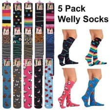 Image of 5 Pairs Ladies Novelty Cushioned Cotton Long Warm Welly Wellington Boot Socks 