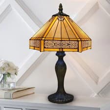 Image of 16 inch Tiffany Yellow Hexagon Table Lamp Stained Glass shade Antique Style UK