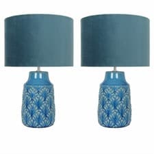 Image of Set of 2 Stylish Teal Ceramic Table Lamp Bedside Lights Matching Velour Shades
