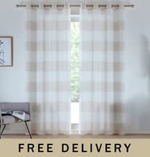 Image of Santorini Linen Look Striped Pair of Curtains with Eyelet Header