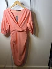 Image of Boohoo Peach Wrap Midi Dress with Puff Sleeves UK 16 BNWT