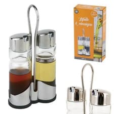 Image of Oil & Vinegar Bottle Set Glass 100ml with Metal Holder Kitchen Tableware 20cm
