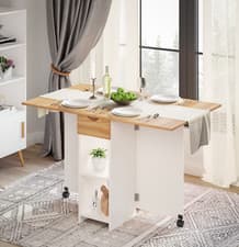 Image of Mondeer Dining Table Folding Rolling Drop Leaf w/ Drawer& 2 Open Storage Shelves