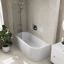 Image of J Shaped Shower Bath Left Hand Bathtub 1700mm with Front Panel & Screen Acrylic