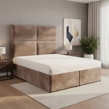 Image of Panel Velvet Upholstered Ottoman Storage Divan Bed with Square Design Headboard