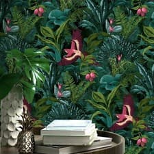 Image of Tropical Green Teal Jungle Rainforest Birds Leaves Floral Rasch Wallpaper 214727