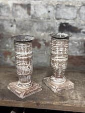 Image of Pair Of Rustic Wooden Candle Holders / Large Church Candle Candlesticks /E