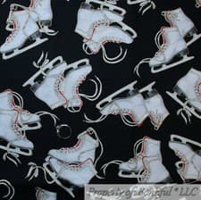 Image of BonEful Fabric FQ Cotton Quilt Black White B&W Ice Skates Sport Frozen Girl Boy