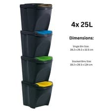 Image of Sorting Bins Recycling Segregation Waste Stackable Lidded Black bin Set 20L 25L
