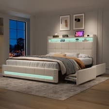 Image of Upholstered Bed Frame 4ft6 Double Bed LED Lights with Storage Drawers, Headboard