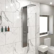 Image of Thermostatic Square Shower Tower Panel Handset 2 Body Jets Brushed Steel