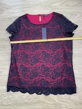 Image of M&Co. Size 12 Black Lace With red Lining Short Sleeved Button Back Top