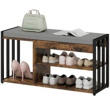 Image of HOMCOM Upholstered Entryway Shoe Bench with Storage Shelves, Rustic Brown