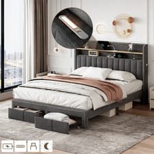 Image of Double Bed 4ft6 Upholstered Bed Frame with Drawers, Charging and Lighting, Grey
