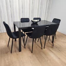 Image of Black Kitchen Dining Table And 6 Black Tufted Velvet Chairs Set Of 6 Dining Room