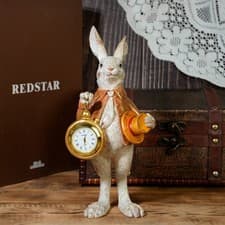 Image of Vintage Alice Wonderland Rabbit Figurine Resin Bunny Holding Pocket Watch Statue