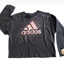 Image of Adidas Girls Black Rose Gold Metallic Logo Long Sleeve Loose Fit Tee Shirt L 14