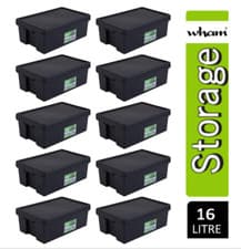 Image of Wham Storage Pack of 10 x 16L Wham Bam Heavy Duty Recycled Box with Lid Black