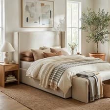 Image of Cream Upholstered King Size Ottoman Bed with Winged Headboard - Loxley LOXL001K