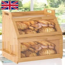 Image of Large Bamboo Wood Bread Bin Counter Top Storage Boxes With Acrylic Window Lids