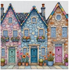 Image of Printed Cross Stitch Kit 11 ct Cobbled Homes 30x30cm DIY UK