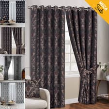 Image of Thermal Fully Lined Jacquard Curtains Ready Made Eyelet Ring Top Pair Curtains